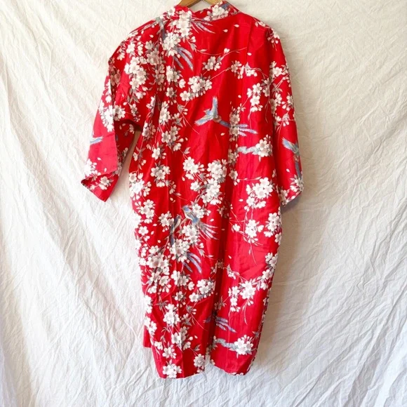 NWOT Vintage 100% Cotton Red Floral Japanese Kimono Robe - Picture 2 of 6